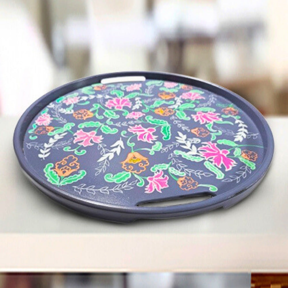 grey floral round decorative wooden table tray